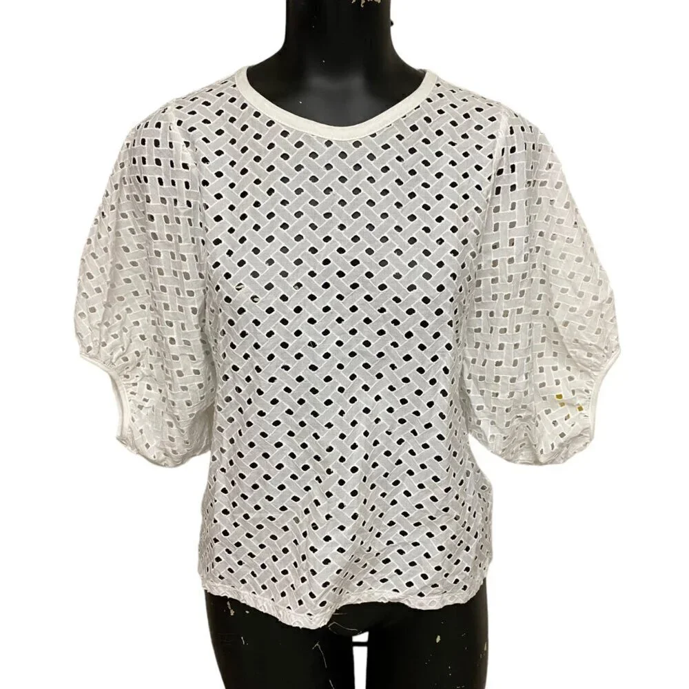 Zara White Cotton Eyelet Puff Sleeve Top Size Small